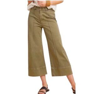 Anthropologie Chino Wide-Leg Cropped Pants Size 8 Olive Green Cotton Womens Trou
